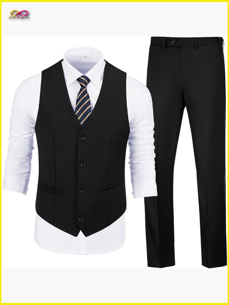Slim Fit Two Piece Suit Set Modern Classic Formal Vest Pants Business Wedding